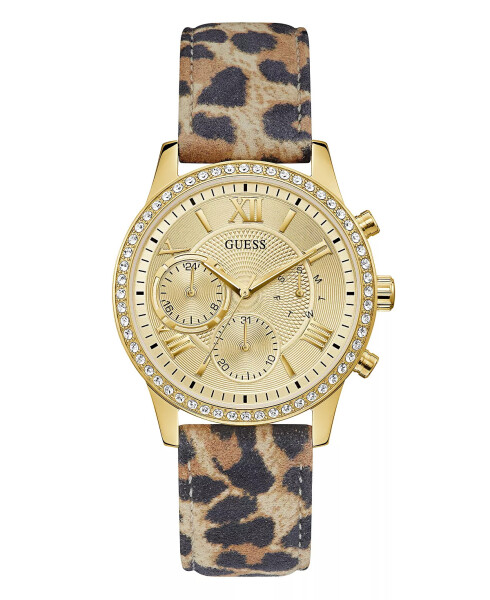 Women's Gold-Tone Glitz Animal Print Genuine Leather Strap Multi-Function Watch, 40mm Brown - 1