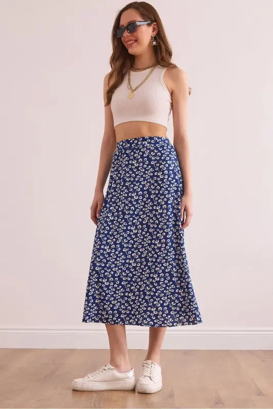 Women's Gonca Navy Blue Elastic Waist Patterned Long Skirt - 1