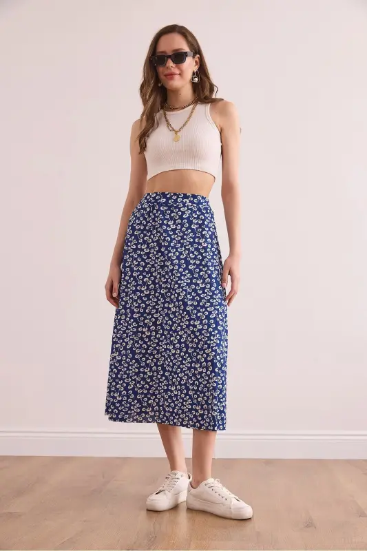 Women's Gonca Navy Blue Elastic Waist Patterned Long Skirt - 2