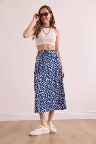 Women's Gonca Navy Blue Elastic Waist Patterned Long Skirt - 3