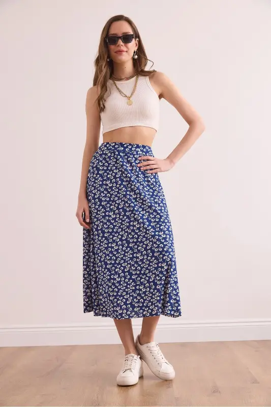 Women's Gonca Navy Blue Elastic Waist Patterned Long Skirt - 4