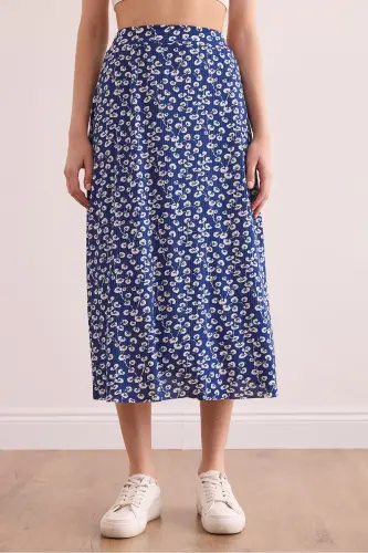 Women's Gonca Navy Blue Elastic Waist Patterned Long Skirt - 5