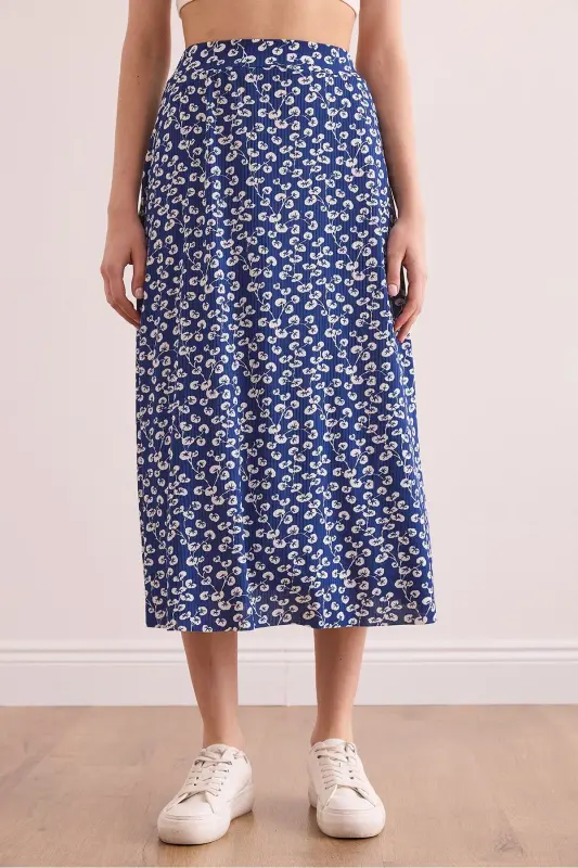 Women's Gonca Navy Blue Elastic Waist Patterned Long Skirt - 5