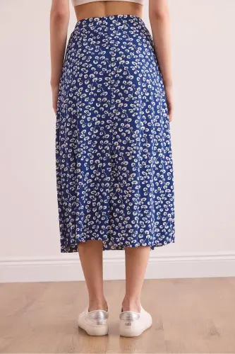 Women's Gonca Navy Blue Elastic Waist Patterned Long Skirt - 6