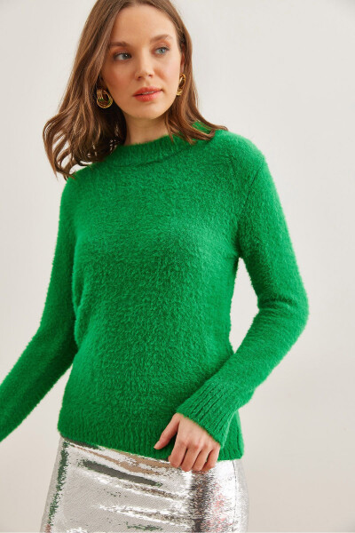 Women's Grass Green Crewneck Textured Plush Sweater KZK-19000858 - OLALOOK