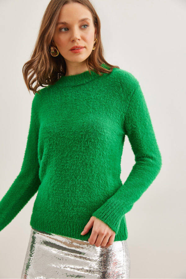 Women's Grass Green Crewneck Textured Plush Sweater KZK-19000858 - 1