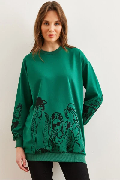 Women's Grass Green Figured Oversized Sweatshirt SWT-19000452 - OLALOOK