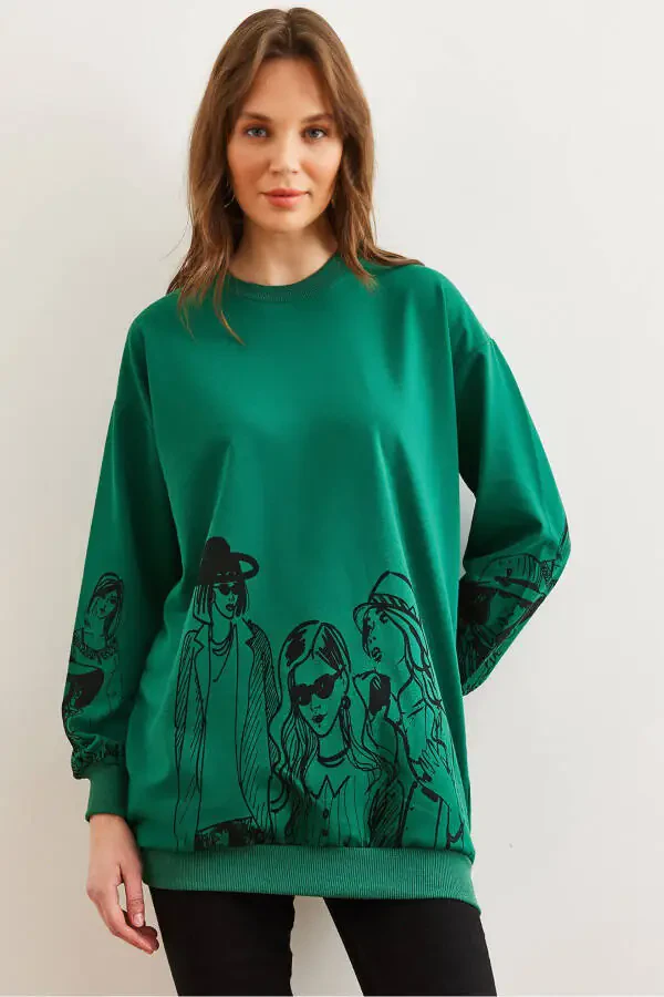 Women's Grass Green Figured Oversized Sweatshirt SWT-19000452 - 1