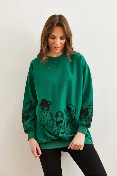 Women's Grass Green Figured Oversized Sweatshirt SWT-19000452 - OLALOOK (1)
