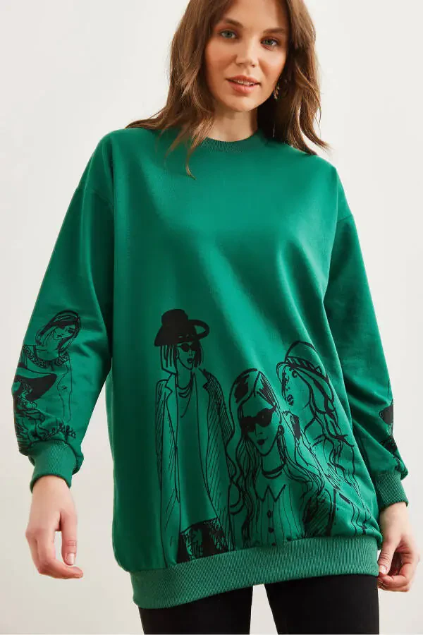 Women's Grass Green Figured Oversized Sweatshirt SWT-19000452 - 3
