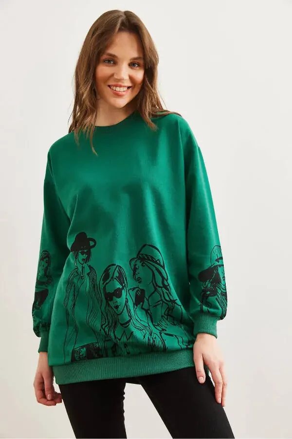 Women's Grass Green Figured Oversized Sweatshirt SWT-19000452 - 4