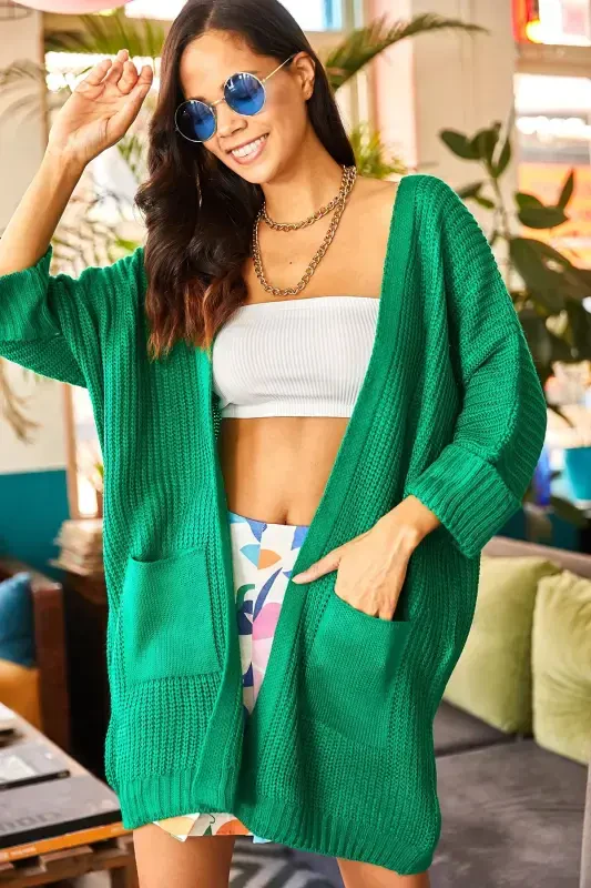 Women's Grass Green Folded Sleeve Pocketed Oversize Knit Cardigan HRK-19000123-Grass Green - 1