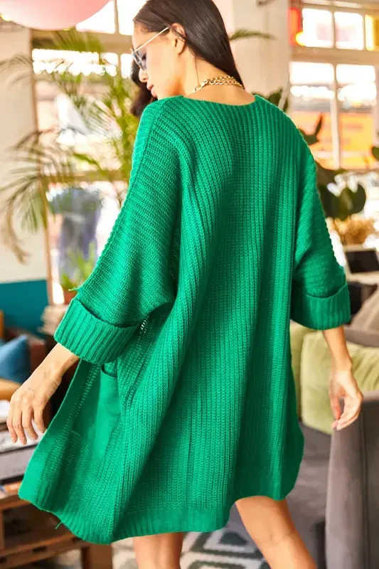 Women's Grass Green Folded Sleeve Pocketed Oversize Knit Cardigan HRK-19000123-Grass Green - 5