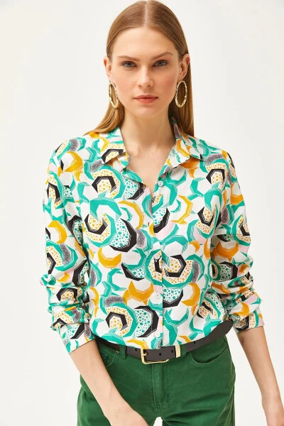 Women's Grass Green Geometric Patterned Woven Shirt GML-19001174 - OLALOOK