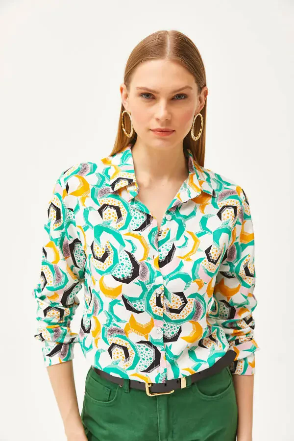 Women's Grass Green Geometric Patterned Woven Shirt GML-19001174 - 3