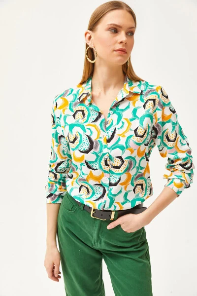 Women's Grass Green Geometric Patterned Woven Shirt GML-19001174 - 4
