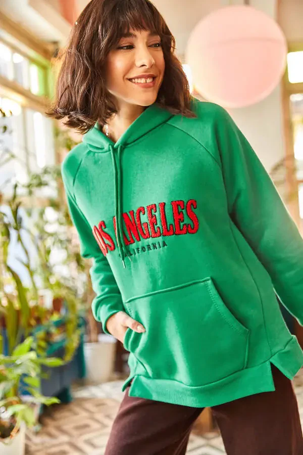 Women's Grass Green Hooded Punch Appliqued Fleece Lined Oversized Sweatshirt SWT-19000582 - 2