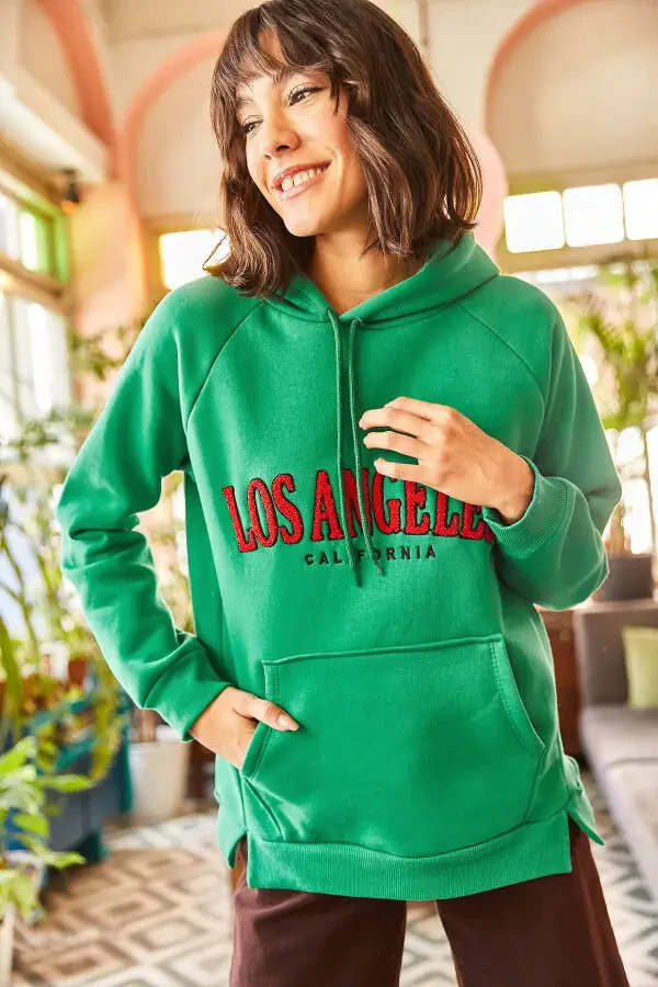 Women's Grass Green Hooded Punch Appliqued Fleece Lined Oversized Sweatshirt SWT-19000582 - 3