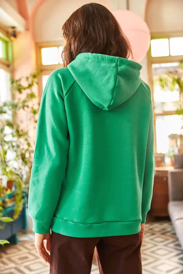Women's Grass Green Hooded Punch Appliqued Fleece Lined Oversized Sweatshirt SWT-19000582 - 5