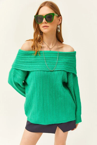 Women's Grass Green Madonna Neck Ribbed Loose Knitted Sweater KZK-19000732 - OLALOOK