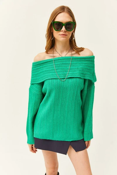 Women's Grass Green Madonna Neck Ribbed Loose Knitted Sweater KZK-19000732 - OLALOOK (1)