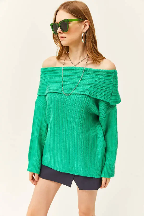 Women's Grass Green Madonna Neck Ribbed Loose Knitted Sweater KZK-19000732 - 3