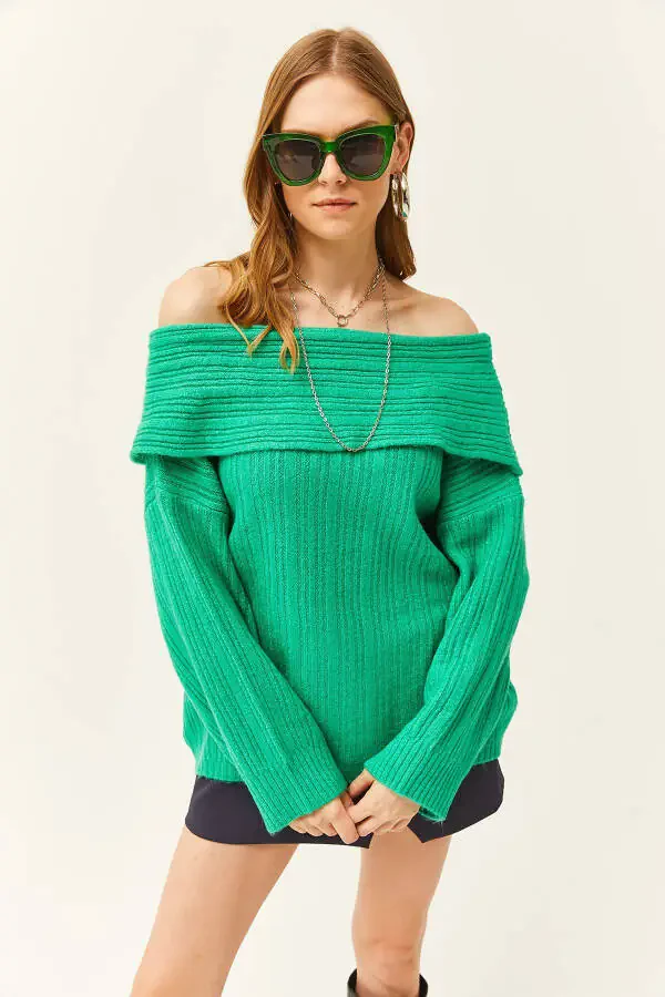 Women's Grass Green Madonna Neck Ribbed Loose Knitted Sweater KZK-19000732 - 4