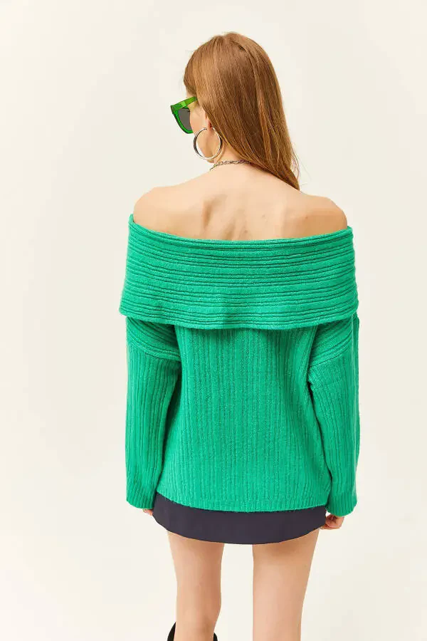 Women's Grass Green Madonna Neck Ribbed Loose Knitted Sweater KZK-19000732 - 5