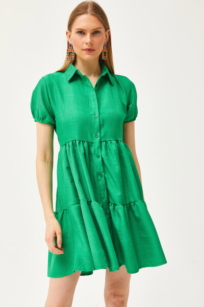 Women's Grass Green Patchwork Linen Blend Shirt Dress ELB-19002075 - 1