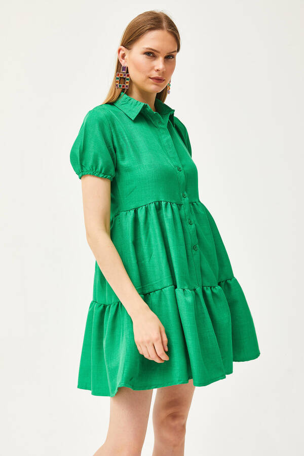 Women's Grass Green Patchwork Linen Blend Shirt Dress ELB-19002075 - 2