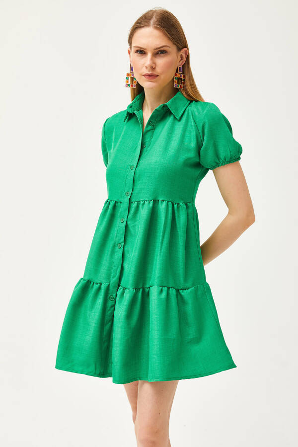 Women's Grass Green Patchwork Linen Blend Shirt Dress ELB-19002075 - 3