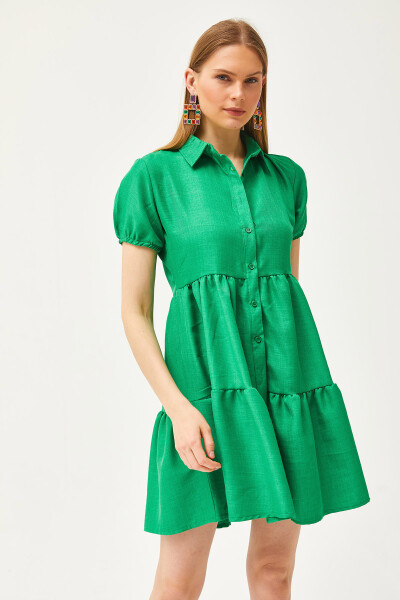 Women's Grass Green Patchwork Linen Blend Shirt Dress ELB-19002075 - 4