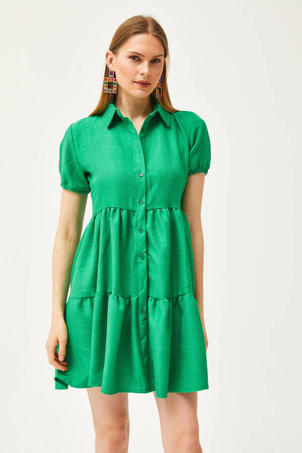 Women's Grass Green Patchwork Linen Blend Shirt Dress ELB-19002075 - 5