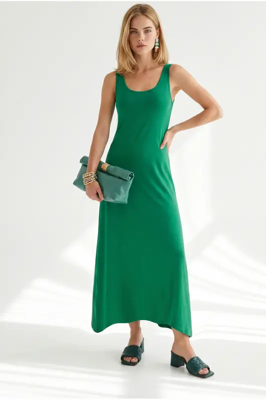 Women's Grass Green Strappy Midi Cotton Bell Dress ELB-19002444 - Grass Green - 1