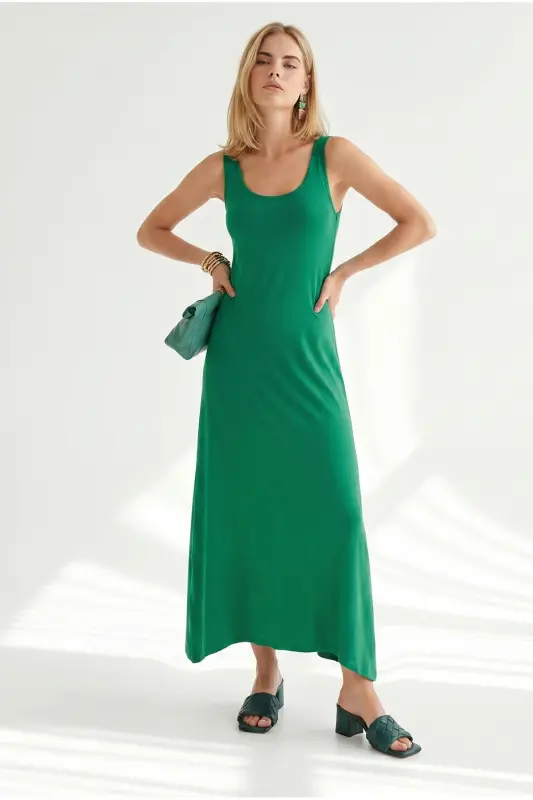 Women's Grass Green Strappy Midi Cotton Bell Dress ELB-19002444 - Grass Green - 2