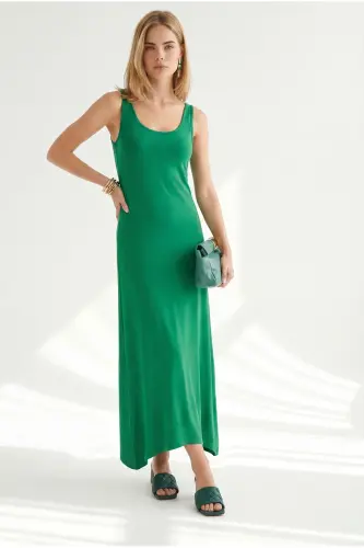 Women's Grass Green Strappy Midi Cotton Bell Dress ELB-19002444 - Grass Green - 3