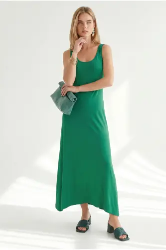 Women's Grass Green Strappy Midi Cotton Bell Dress ELB-19002444 - Grass Green - 4