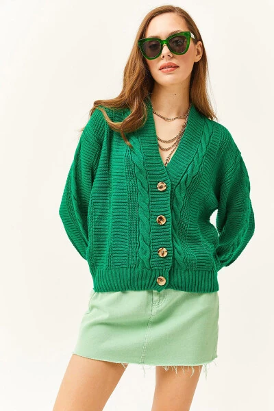 Women's Grass Green Thick Hair Braided Knitted Cardigan HRK-19000082 - OLALOOK