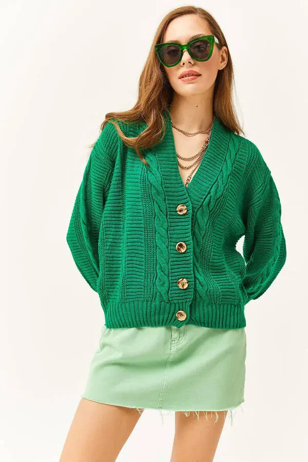 Women's Grass Green Thick Hair Braided Knitted Cardigan HRK-19000082 - 1