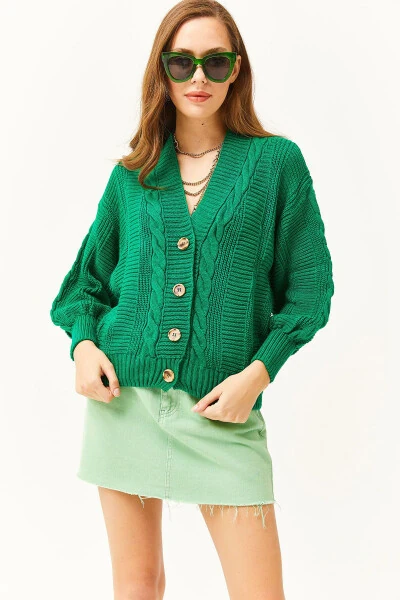 Women's Grass Green Thick Hair Braided Knitted Cardigan HRK-19000082 - OLALOOK (1)