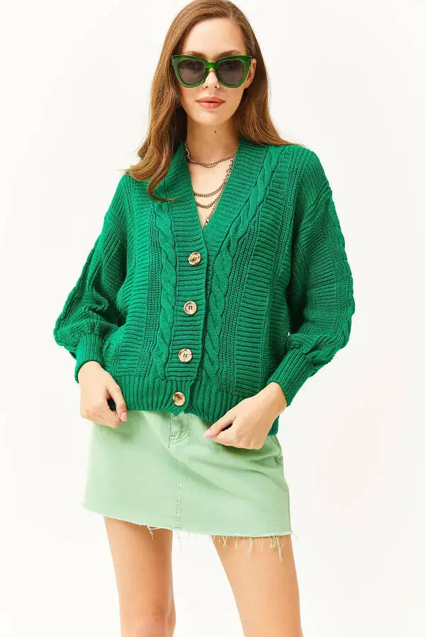 Women's Grass Green Thick Hair Braided Knitted Cardigan HRK-19000082 - 2
