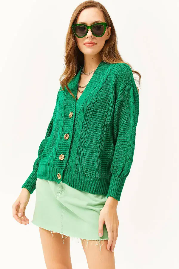 Women's Grass Green Thick Hair Braided Knitted Cardigan HRK-19000082 - 3