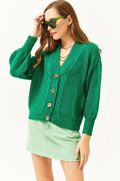 Women's Grass Green Thick Hair Braided Knitted Cardigan HRK-19000082 - 4