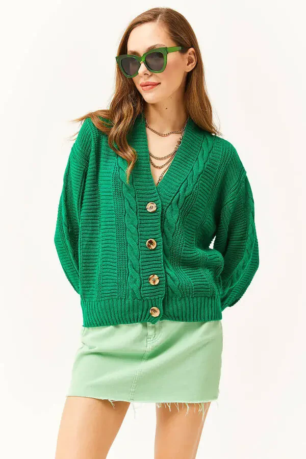 Women's Grass Green Thick Hair Braided Knitted Cardigan HRK-19000082 - 5
