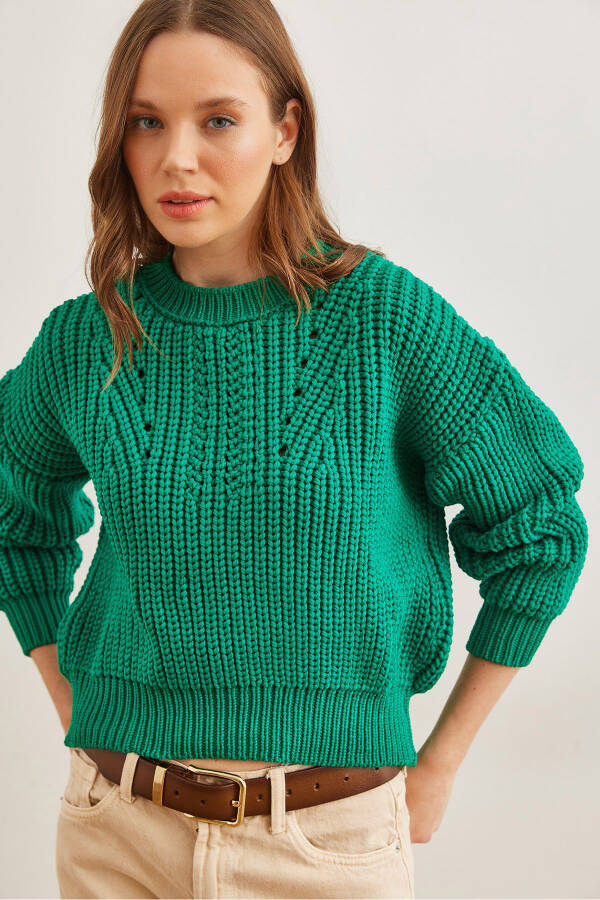 Women's Grass Green Turtleneck Chunky Knit Oversized Pullover - 1