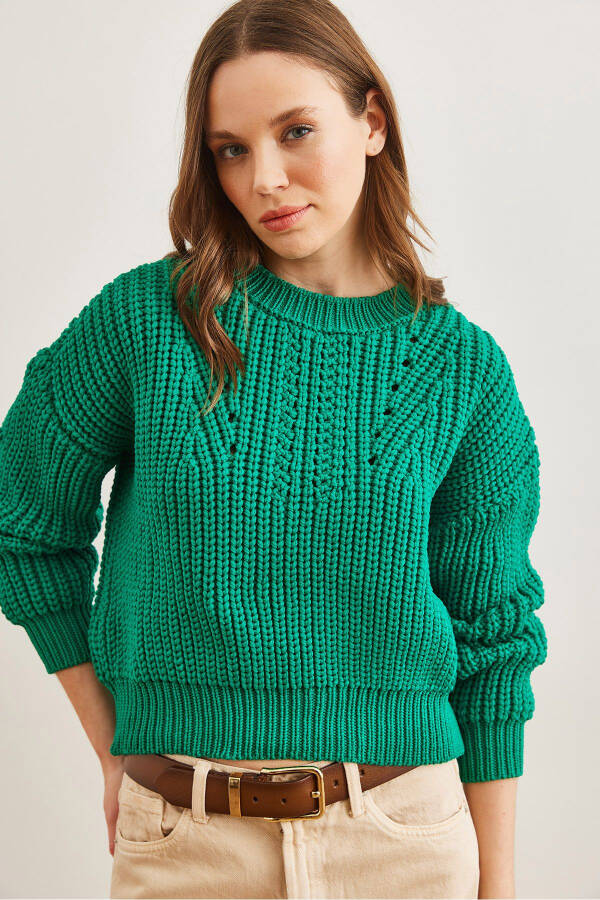 Women's Grass Green Turtleneck Chunky Knit Oversized Pullover - 2