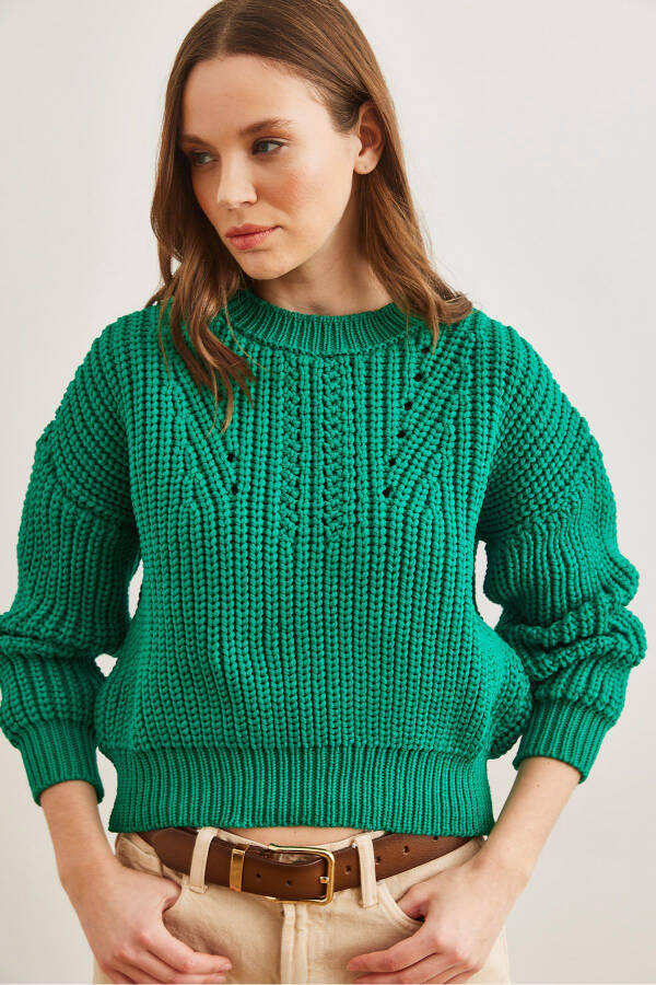 Women's Grass Green Turtleneck Chunky Knit Oversized Pullover - 3