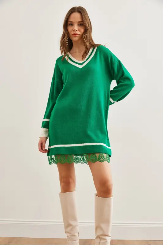 Women's Grass Green V-Neck Lace Detailed Knit Dress - 11