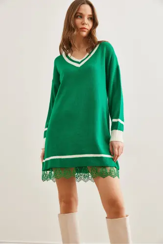 Women's Grass Green V-Neck Lace Detailed Knit Dress - 7