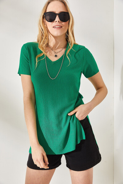 Women's Grass Green V-Neck Side Slit Textured T-Shirt TSH-19000704 - 2